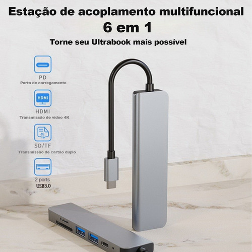 Adaptador Usb 3.0 Hub Tipo C 6 Em 1 Hdmi 4k Micro Sd Tf
