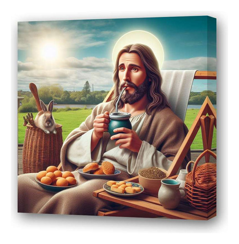 Cuadro 30x30cm Jesus Mate Desayuno Biscochos Campo Dios