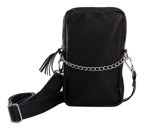 Cartera Bandolera Porta Celular Negro Cuero Ecologico