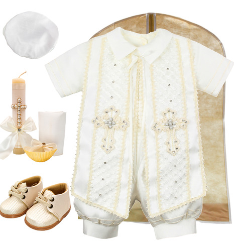 Traje Ropon Bautizo Niño + Kit Vela Traje Bautizo + Zapatos Beige Talla 2 (12-24 Meses) 10
