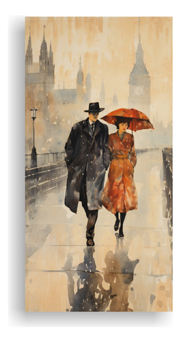 30x60cm Cuadro De Pareja Caminando En Londres Bastidor Mader