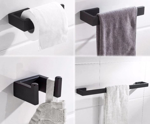 Imagem 1 de 8 de Kit Banheiro Preto Fosco Porta Tolhas Papeleira 4 Peças Inox