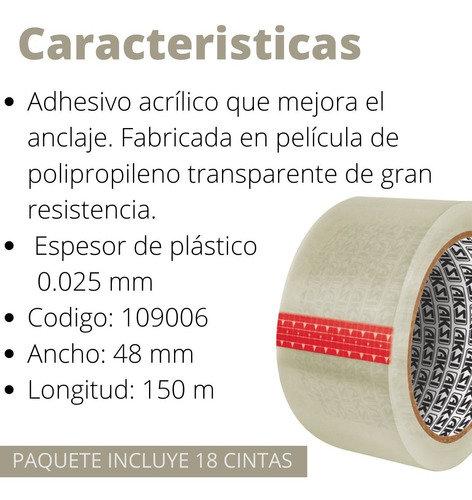 Imagen 3 de 3 de Caja Con 18 Cintas De Empaque Transparentes De 150m X 48 Mm