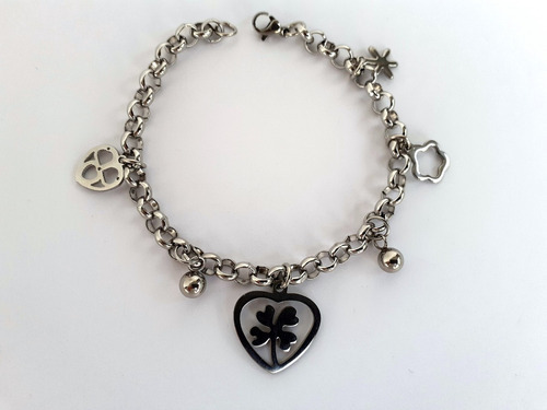 Pulsera Rolo Y Dije Trebol De La Suerte En  Acero Quirurgi 