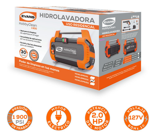 Hidrolavadora Hobby Clean Evans 1.6kw 1900psi 120v 2hp 6lpm Color Naranja Frecuencia 60hz