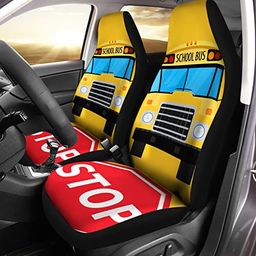 Bulopur Yellow School Bus Print Auto Seat Cover Full Set 2 P