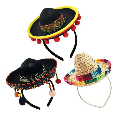 Paquete De 3 Minisombreros Mexicanos Para Fiestas Con Diadem