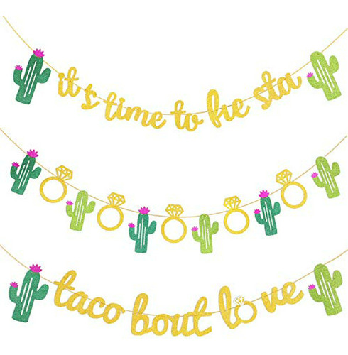 Banner Glitter Fiesta Mexicana 3 Piezas - Amor, Cactus Y Fie