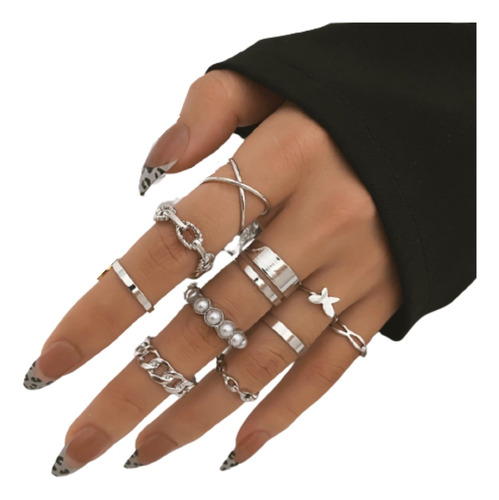 Set X10 Anillos Plateados Elegantes Boho Chic