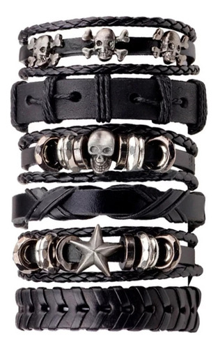 Pulsera Hombre Conjunto 6 En 1 Cuero Genuino Pulseras Hombre