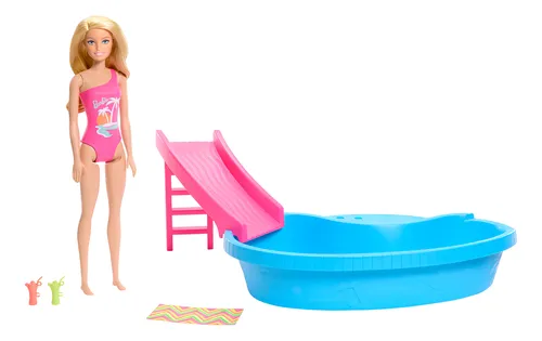Boneca Barbie Piscina Com Boneca Maiô Rosa Mattel