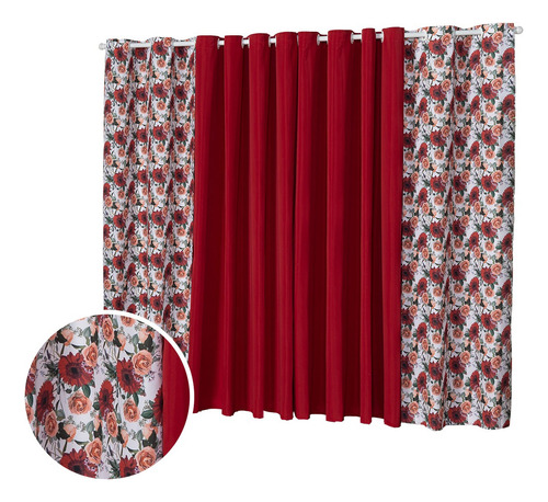 Cortina Floratta 2,00 X 1,70m Sala Quarto Estampada Floral Cor Vermelho