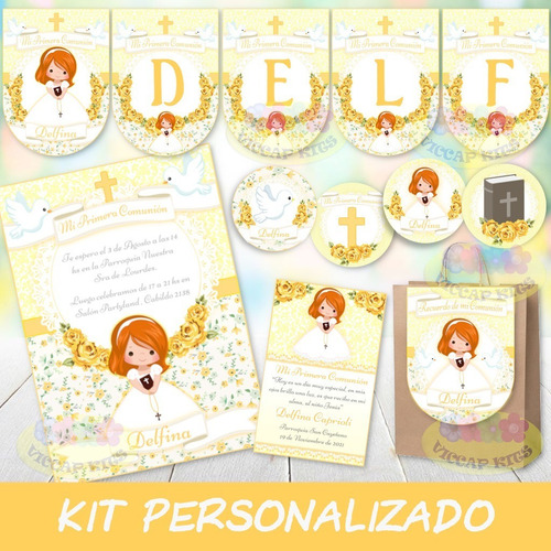 Kit Imprimible Comunión Nena Amarillo Personalizado