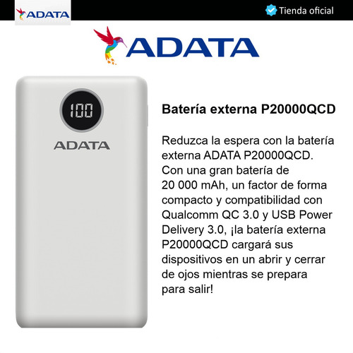 Imagen 2 de 10 de Adata P20000qcd Power Bank 20000mah Carga Rápida Qc/pd, Blan