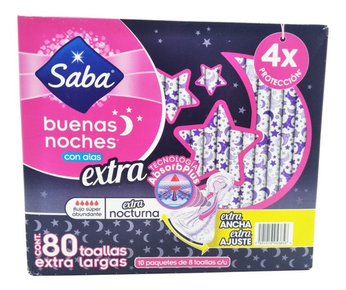  Toallas Femeninas Saba Buenas Noches Con Alas Extra 80 Pzs