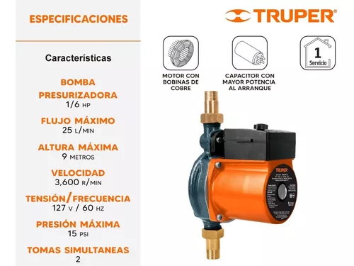 Bomba para agua presurizadora 1/6 Hp Truper