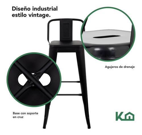Set De 2 Sillas Banco Alto Con Respaldo Tipo Tolix Vintage Hogar Color Negro Mate KingsHouse TOLIXKIT#2