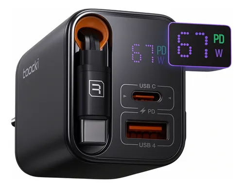 Carregador Rápido Pd Gan Qc 67w C/ Cabo Retrátil Usb + Usb-c Pret...