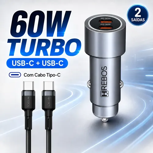 Carregador Veicular Duplo Hrebos Pd 60w Turbo + Cabo Tipo C Prateado