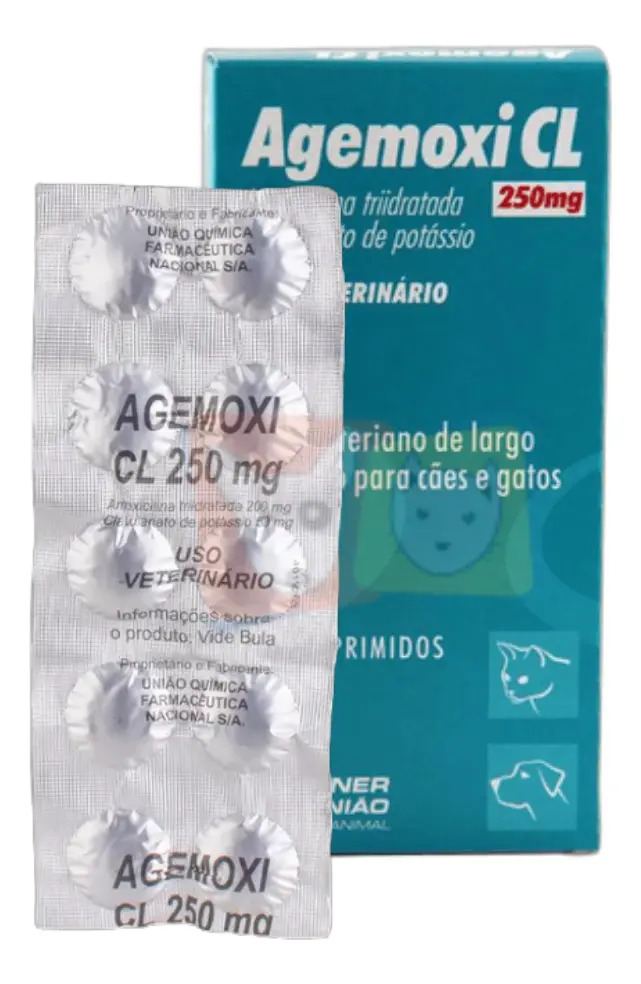 Antibiótico Agemoxi CL 250mg Agener União Comprimidos Cães Gatos 10 Un