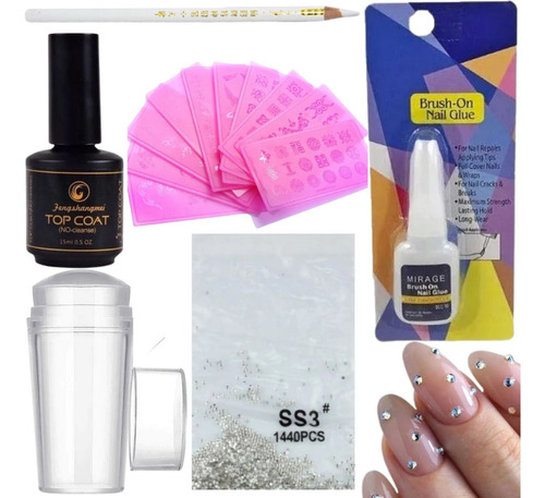 Kit Unhas Gel Strass Acrigel + Placas Com Carimbo + Top Coat