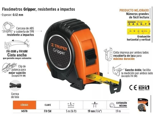 Wincha 5m X 19mm Griper Metros Y Pulgada Truper Anti Impacto
