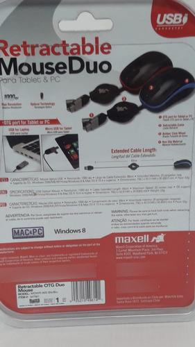 Mouse Maxell Micro Óptico Usb Dual Otg Retractil Pc Tab Mac 