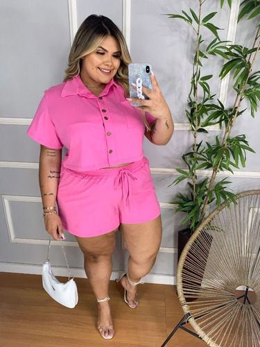 Imagem 3 de 5 de Conjunto Joyce Plus Size 48 Ao 56 Cropped E Shortcolor Block