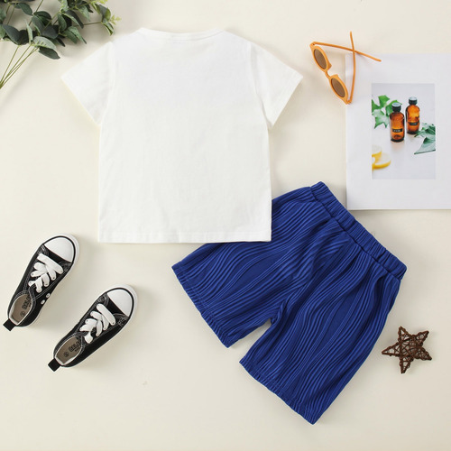 Conjunto Con Camiseta Blanca Y Pantalón Corto Azul Para Niño