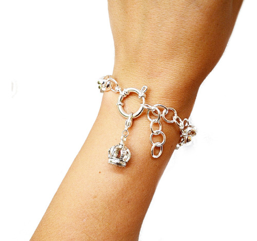 Conj Pulsera Rolo Y Dije Corona  Acero Bañada En Plata