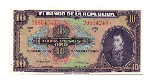 Colombia 10 Pesos 1949 Estado 10