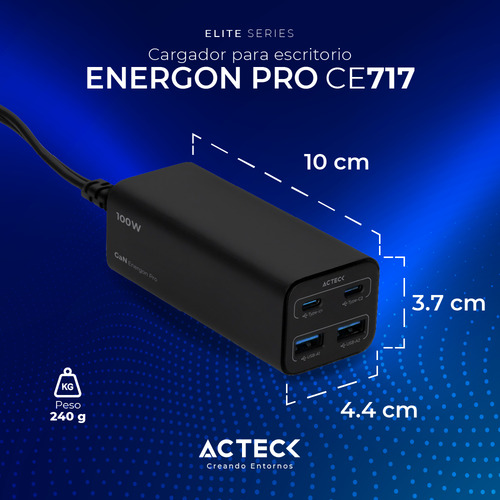 Cargador De Escritorio Acteck Ce717 Carga Ultra Rápida 100w Color Negro