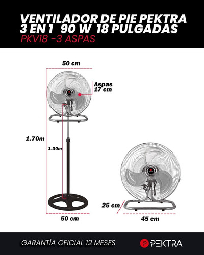 Imagen 7 de 10 de Ventilador 3 En 1 Pektra 3 Aspas Metalica 18p Pie Pared Piso