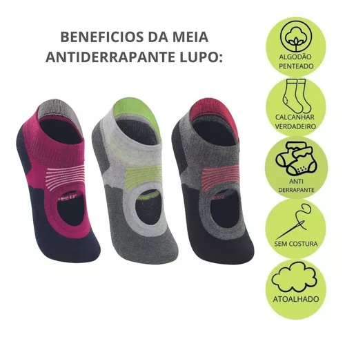 Kit 3 Meias Sapatilha Antiderrapante Pilates Feminina Lupo