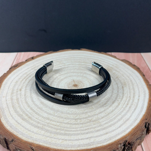 Pulsera De Cuero Genuino + Acero Inoxidable Elegante Hombre