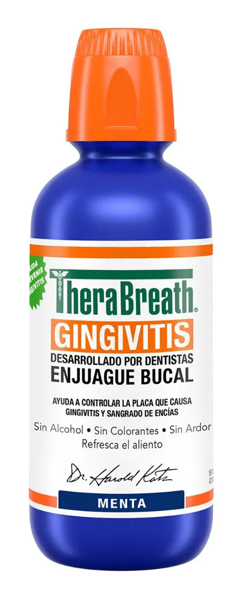 TheraBreath Enjuague Bucal sin Alcohol Gingivitis, Menta 473 ml. Controla la Placa y Sangrado de Encías. Combate el Mal Aliento por 12 Horas. Sin Sabores ni Colorantes Artificiales