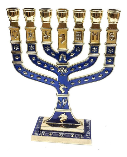 Candelabro Menorah Jerusalem, Azul Esmaltado, Para 7 Velas