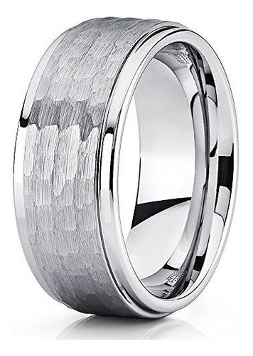 Anillo De Tungsteno Martillado 9mm Plata - Unisex