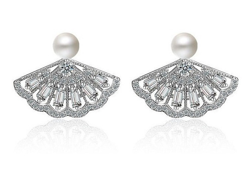 Pendientes O Aretes Plateados Tipo Abanico Perlas Imitación