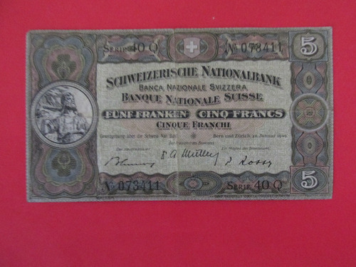 Antiguo Billete Banco De Suiza 5 Francos Año 1949 Escaso