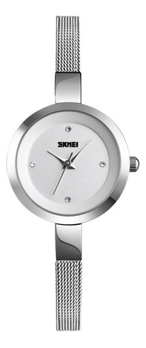 Reloj Mujer Skmei 1390 Acero Minimalista Elegante Clasico Color de la malla Plateado Color del fondo Blanco