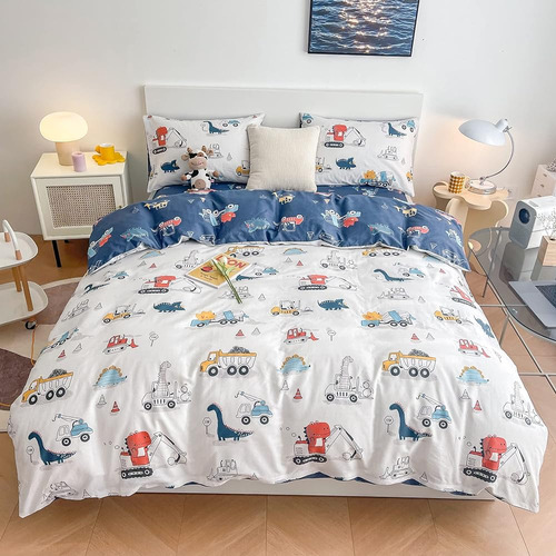 Dinosaur Kids Duvet Cover Set Queen, 100% Algodón Dino Truck