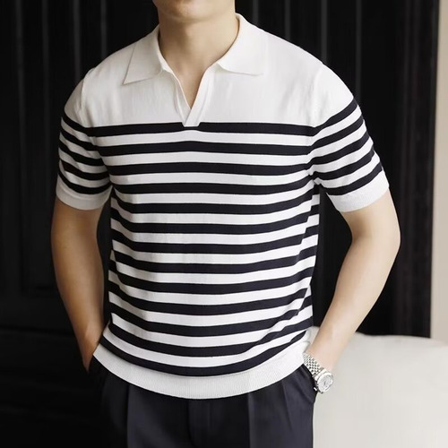 Polo De Punto Con Cuello En V A Rayas Para Hombre, Casual De