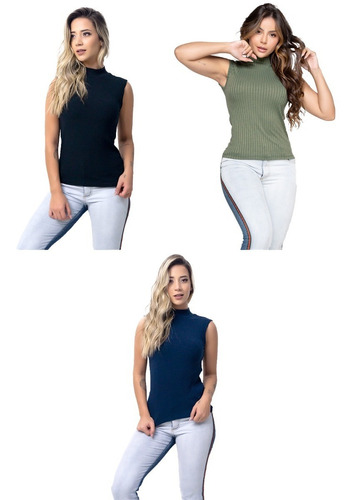 3 Blusa Regata Feminina Gola Alta Roupas Femininas Canelada