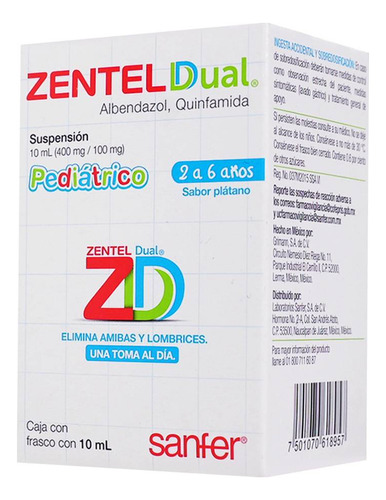 Zentel Dual Suspensión Oral 400 Mg/100 Mg/10 Ml, 1 Frasco 10 Ml