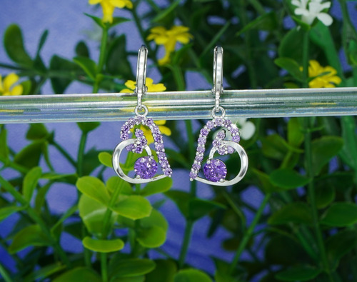 Aretes Colgantes Oro Blanco 18k Corazón Gema Amatista Morado