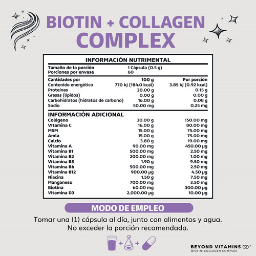 Biotin + Collagen Complex - Contiene Biotina + Colágeno + 15 Ingredientes Y Vitaminas - Colageno Biotina - Multi Collagen Peptides - Vitybell Vitaminas Mujer - Cabello Piel Uñas - 60 Cápsulas Sin Sabor