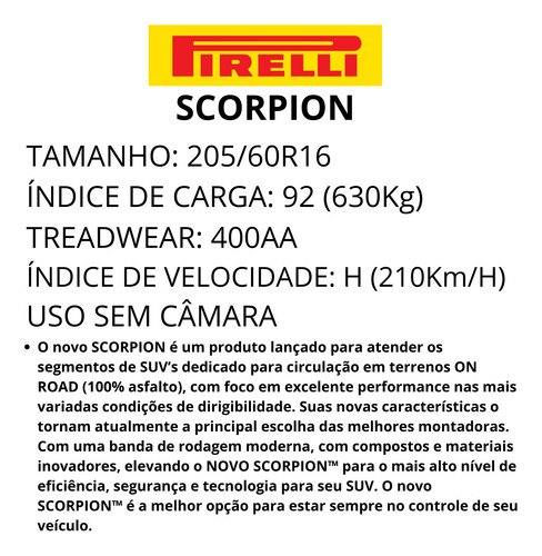 Kit 4 Pneu Pirelli Aro 16 205/60r16 92h Scorpion