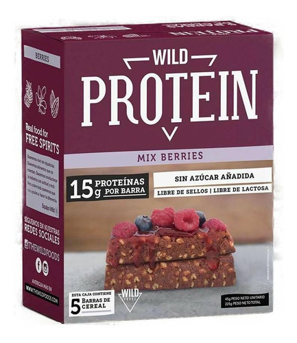Imagen 1 de 1 de Suplemento en barra Wild Foods  Wild Protein proteína sabor berries en caja de 225g 5 un