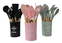 Comprar Set X12 Kit Utensilios De Cocina Mango Madera Punta Silicona